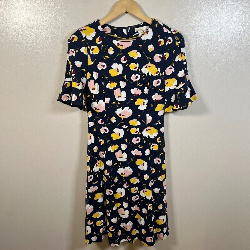 Boden Alexis Jersey Dress Size 8 Blue Floral Flutter Sleeve Preppy Twee Work